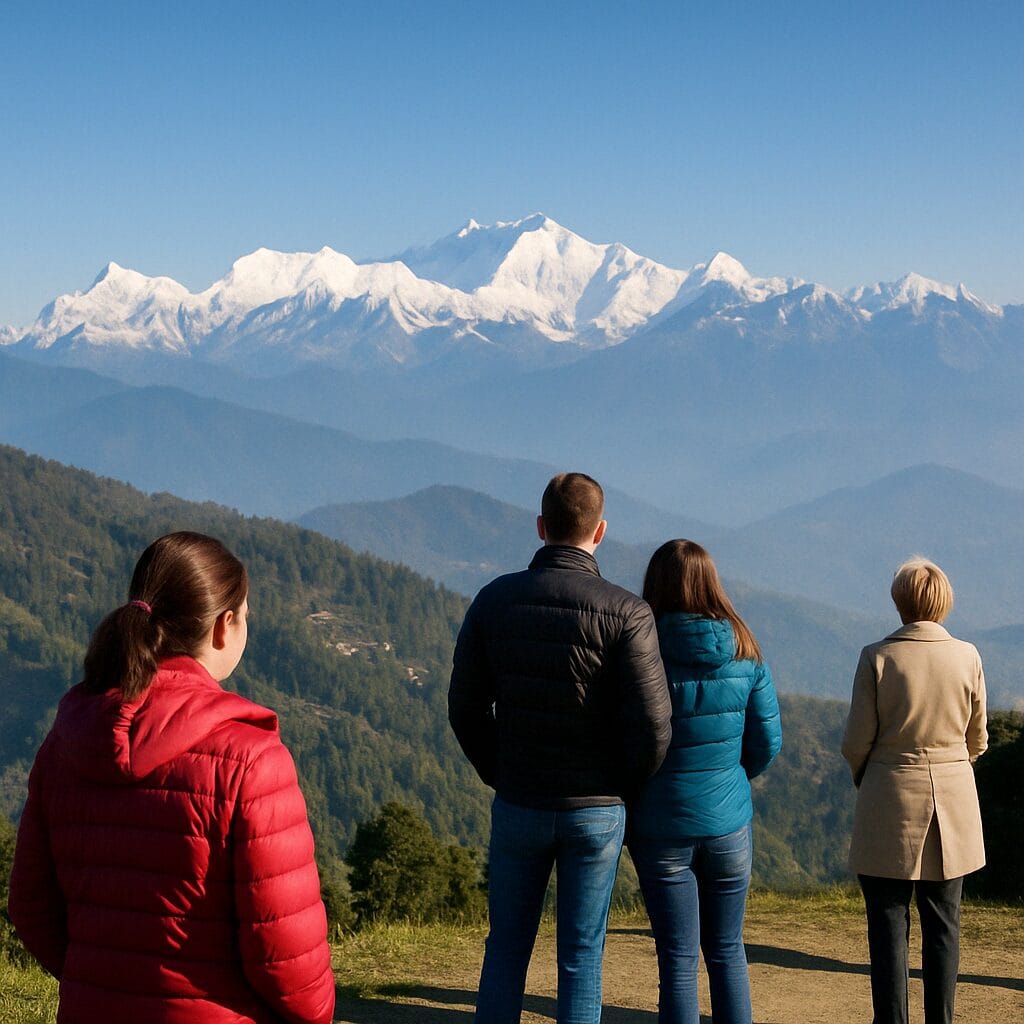 A group of tourists in light jackets admire snowy Himalayan peaks from a sunny Darjeeling hilltop.