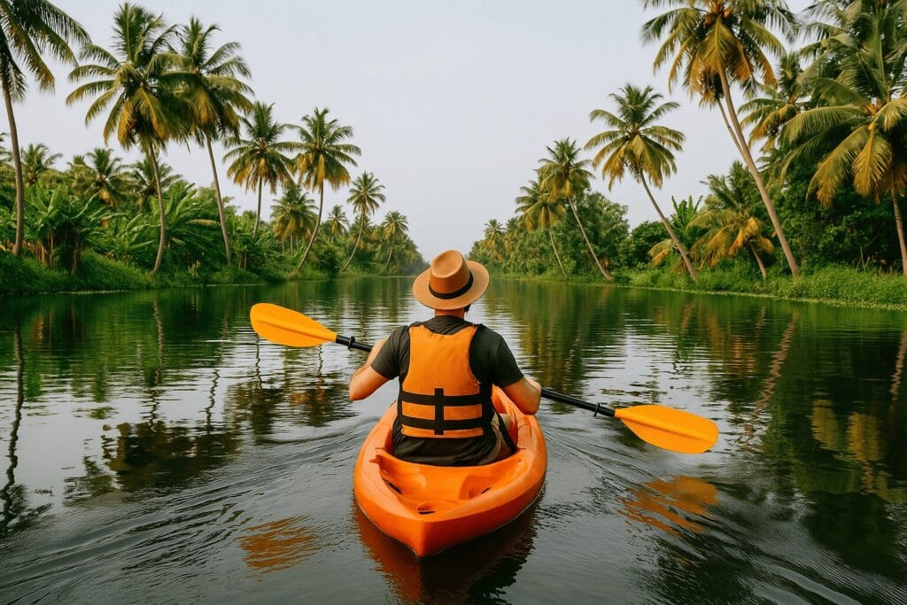 Traveler kayaking in Kumarakom