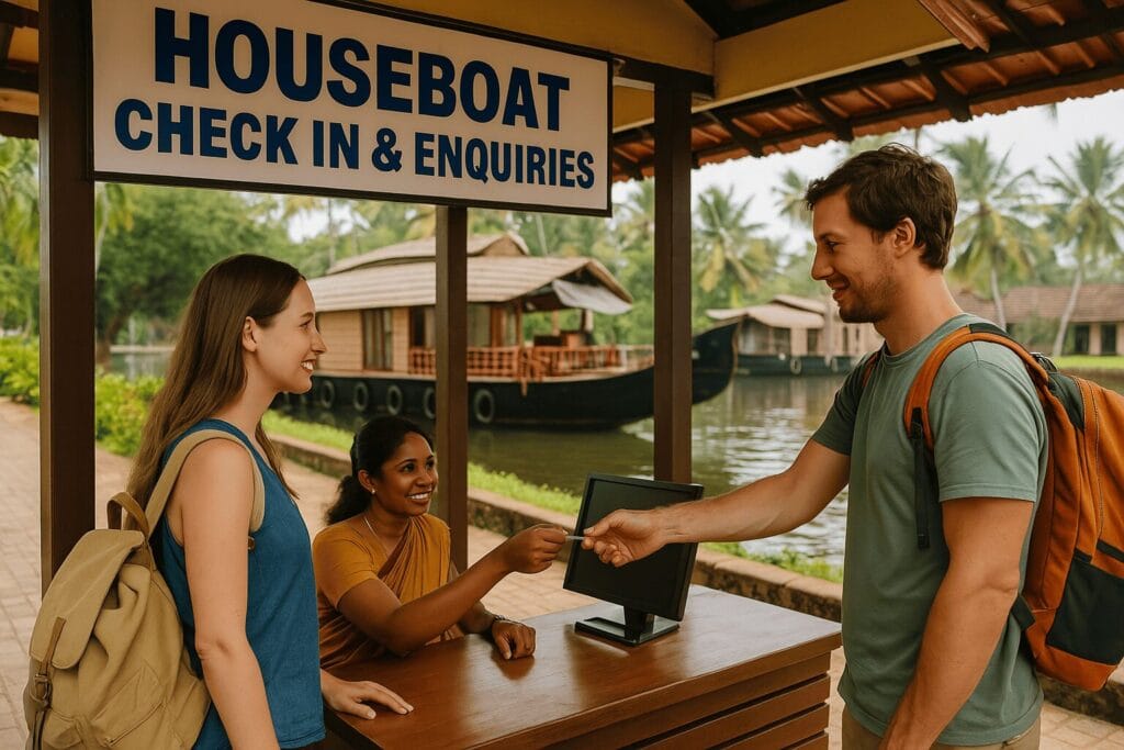 Travelers checking in at houseboat counter