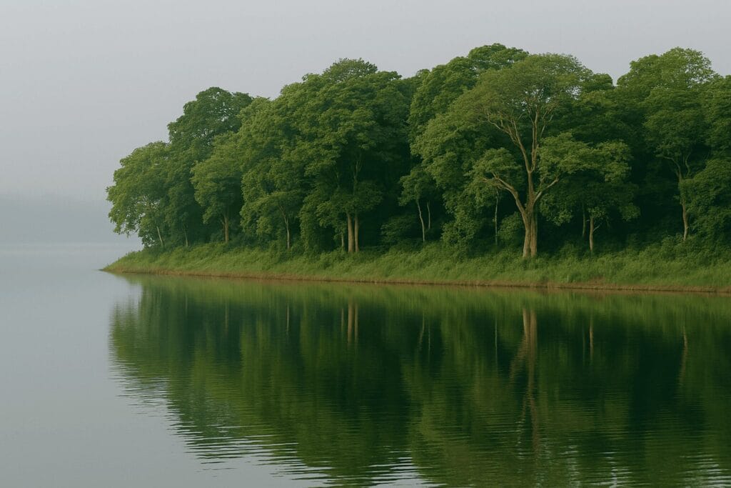 Scenic view of Kava Island surrounded by calm water in Palakkad