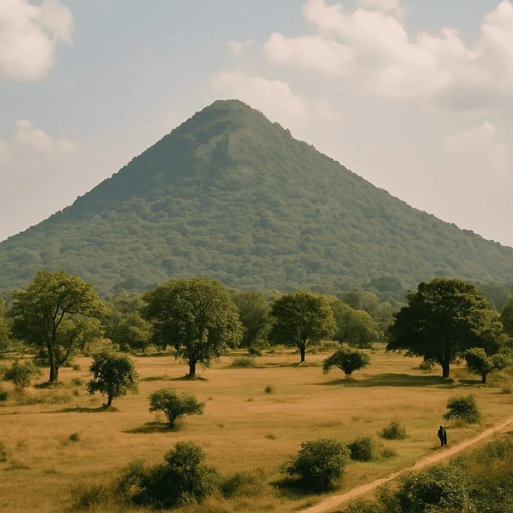 Peaceful view of Biharinath Hill with grassy fields and scattered trees under a soft sky.