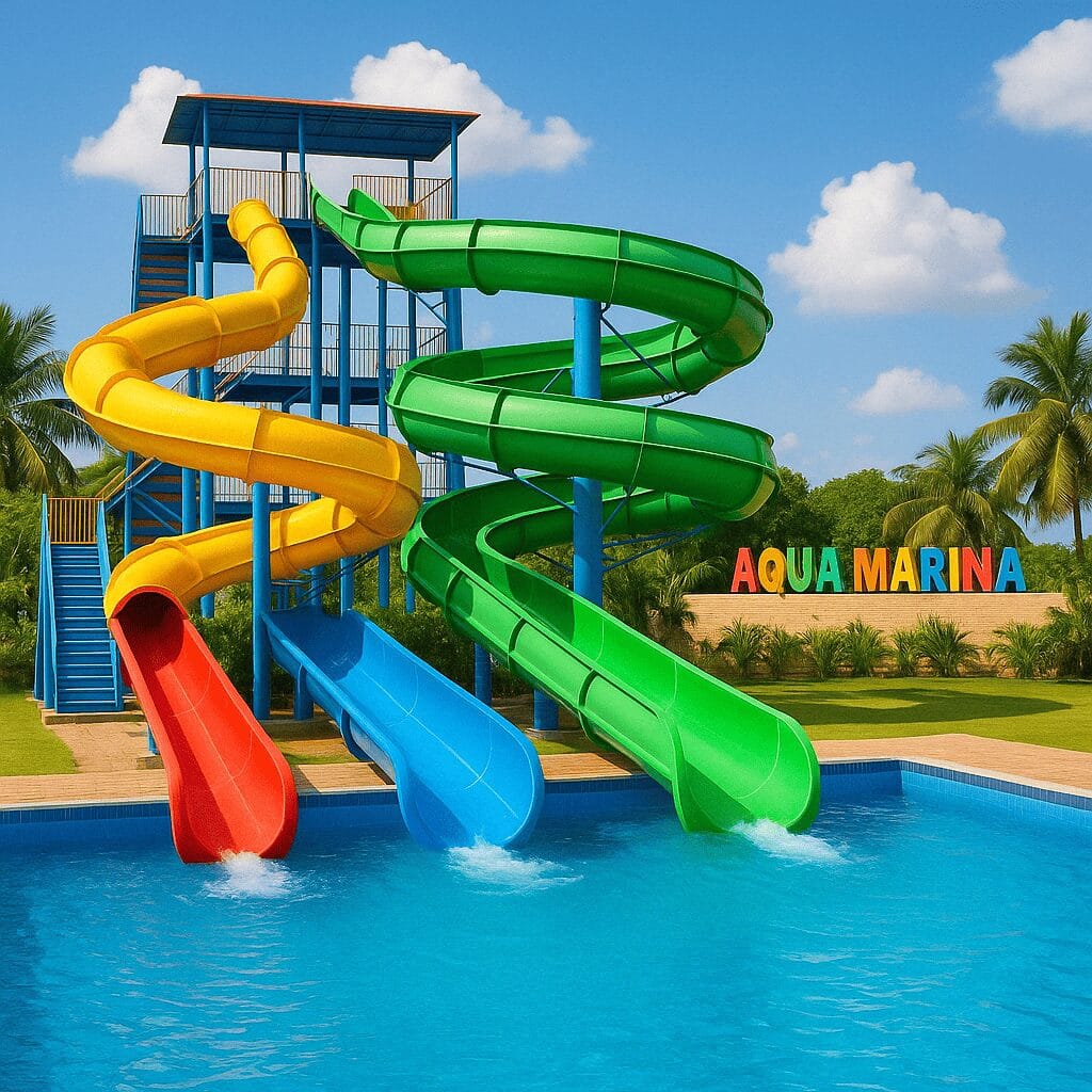 Colorful water slides leading into a clear blue pool at Aqua Marina Hooghly water park.