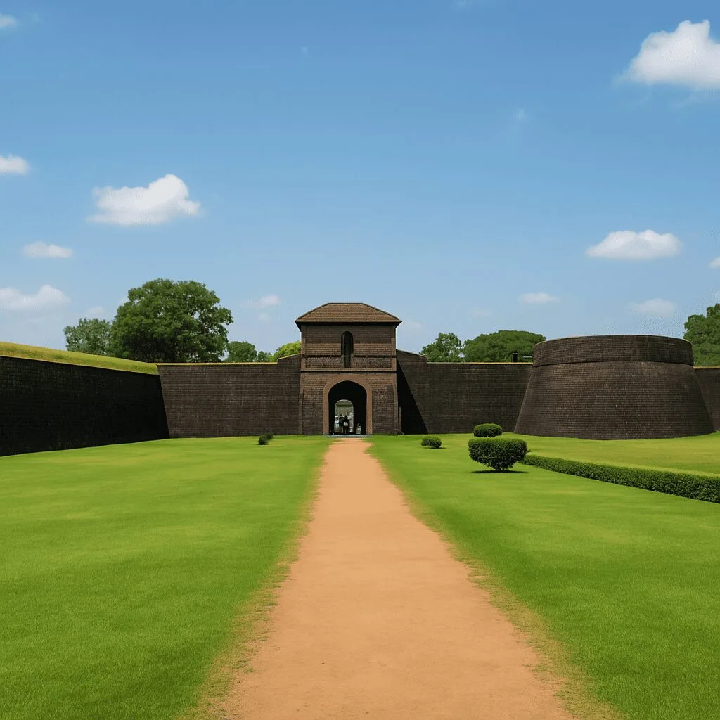 Front view of Palakkad Fort with arched entrance and greenery