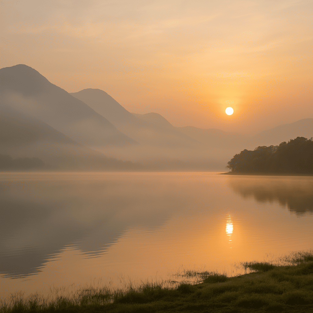 Misty sunrise over the Kava reservoir in Palakkad, Kerala