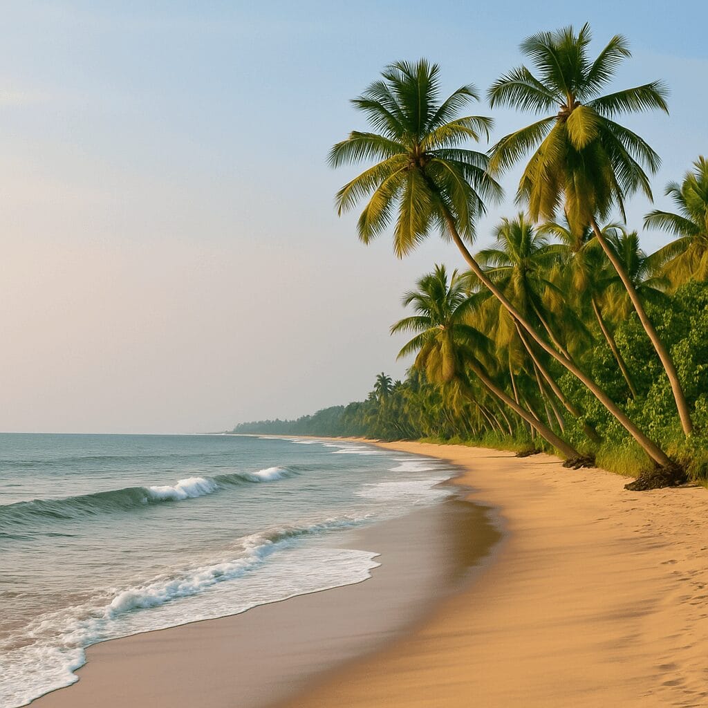 Wide shoreline in Thrissur with gently crashing waves and tall palm trees leaning over the sandy beach under a soft, golden sky.
