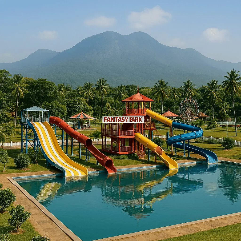 Fantasy Park Palakkad with colorful rides and the Western Ghats behind