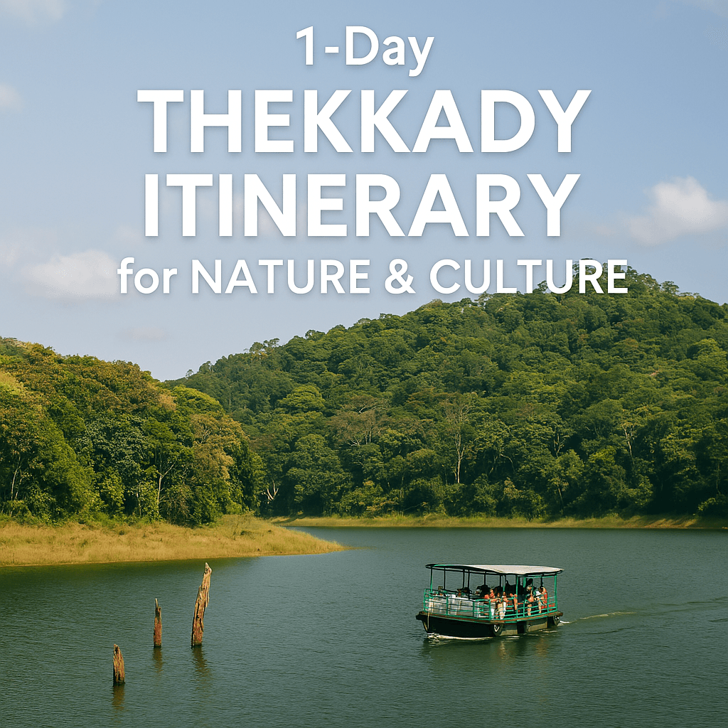 1-day Thekkady itinerary – tourists boating on Periyar Lake surrounded by forest hills