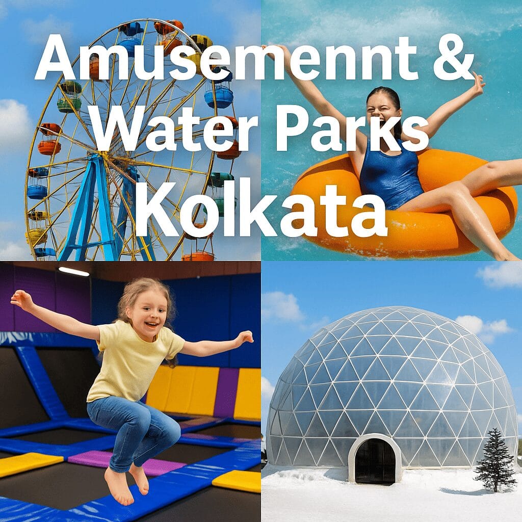 A collage featuring a Ferris wheel, girl on a water ride, child on a trampoline, and a snow dome with the title "Amusement & Water Parks Kolkata".
