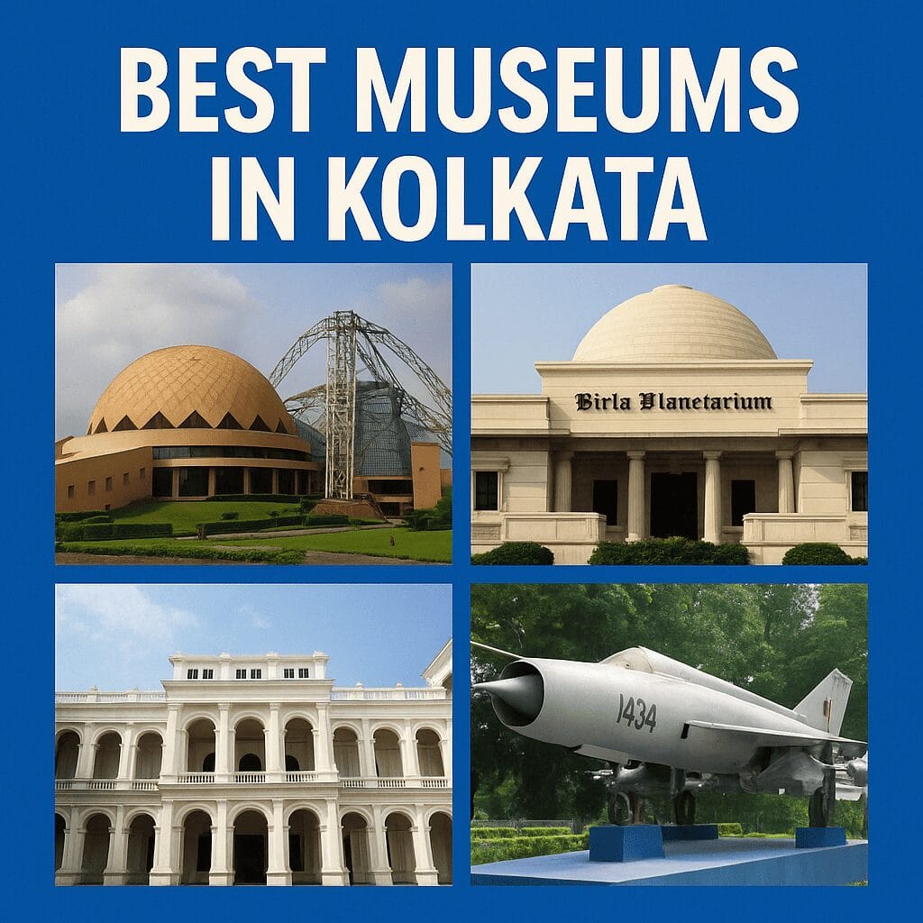 A neatly arranged collage of Science City, Birla Planetarium, Indian Museum, and an aircraft museum, titled "Best Museums in Kolkata".