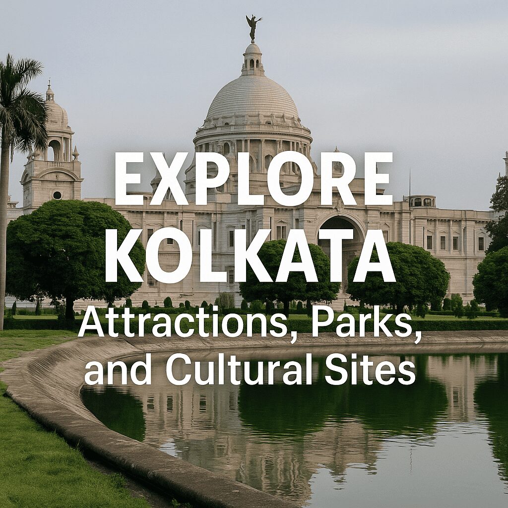 A scenic photo of Victoria Memorial in Kolkata with lush gardens and water reflection, overlaid with the text "Explore Kolkata: Attractions, Parks, and Cultural Sites".