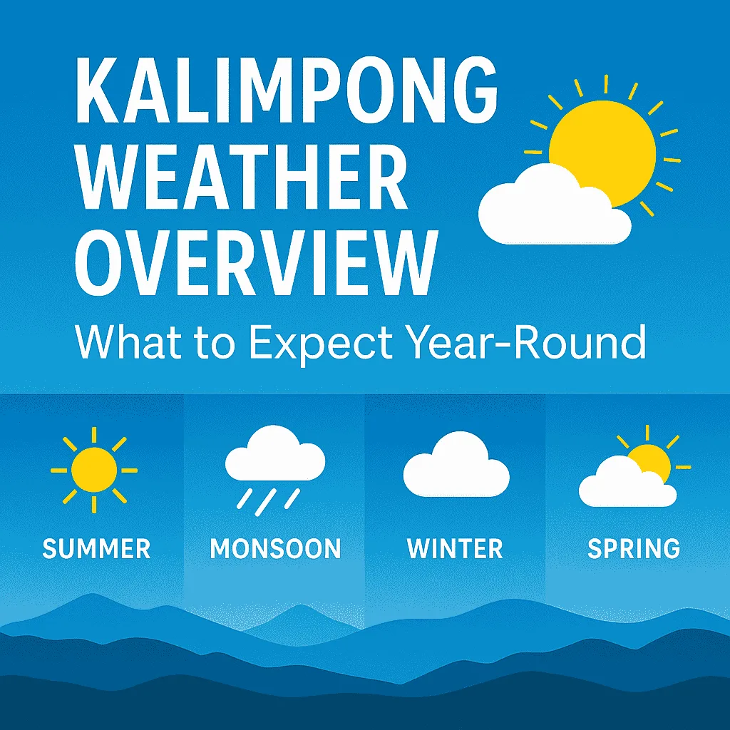 Infographic-style image of Kalimpong weather across seasons with icons and hill visuals