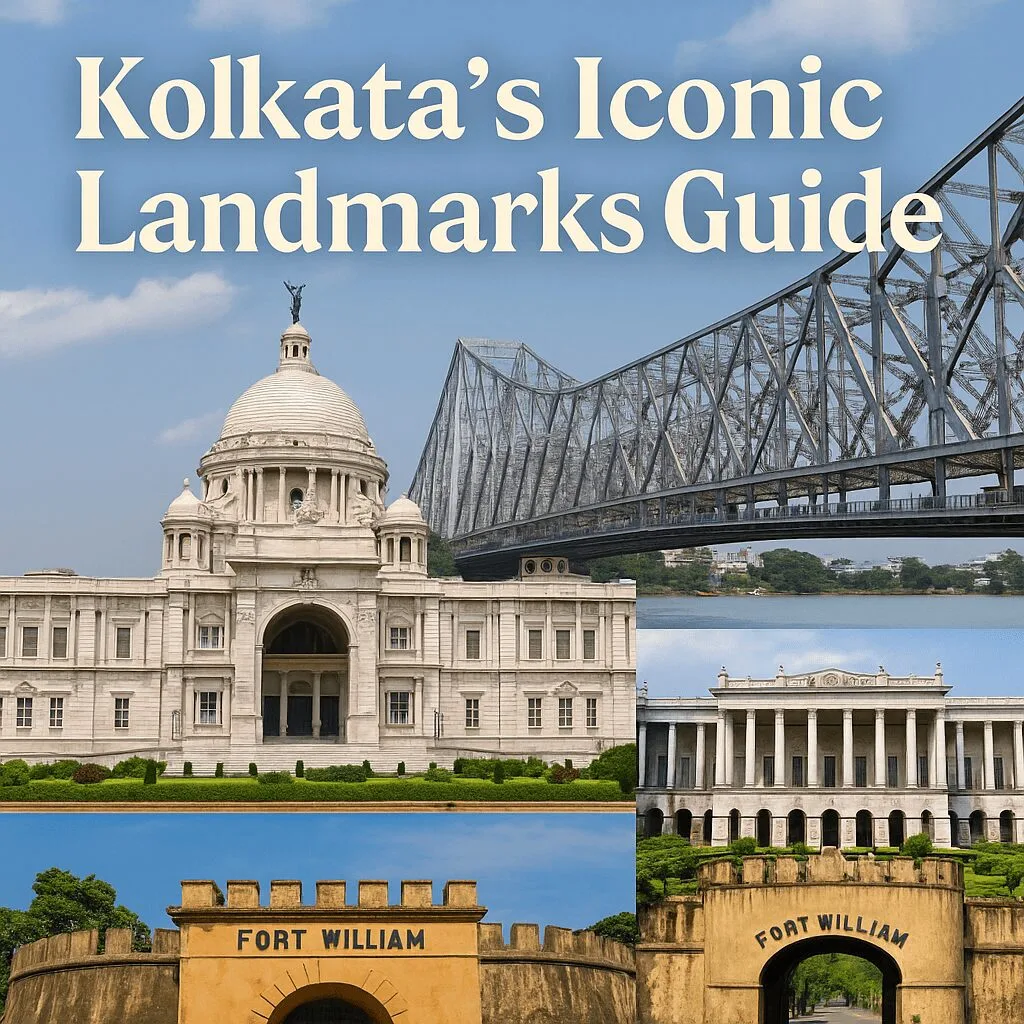 A digital collage of Kolkata’s iconic sites including Victoria Memorial, Howrah Bridge, Marble Palace, and Fort William with the title "Kolkata’s Iconic Landmarks Guide".