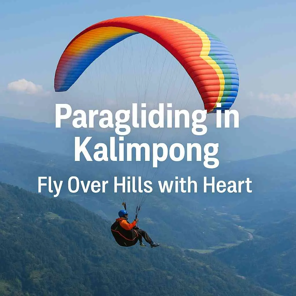 A paraglider soaring above Kalimpong’s green valleys with mountains in the distance