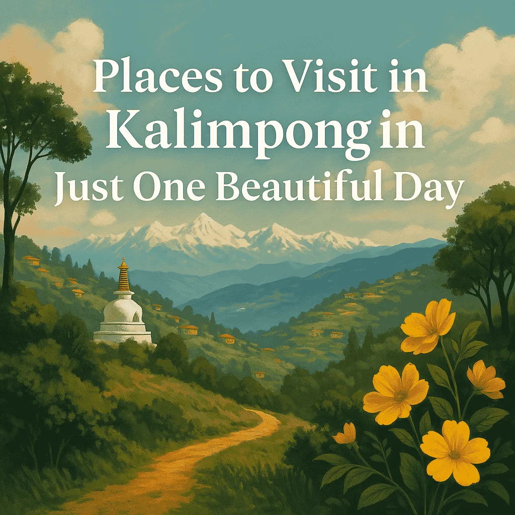 A map-style collage showing Kalimpong landmarks, food, and nature spots for a one-day itinerary