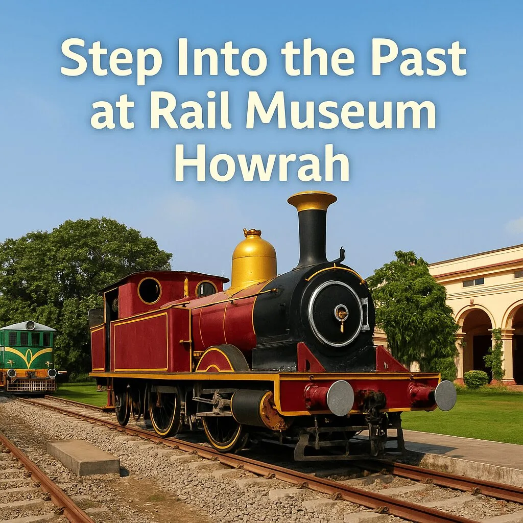 Vintage red and gold steam locomotive at Rail Museum Howrah, with colonial-style museum building and blue sky in the background.