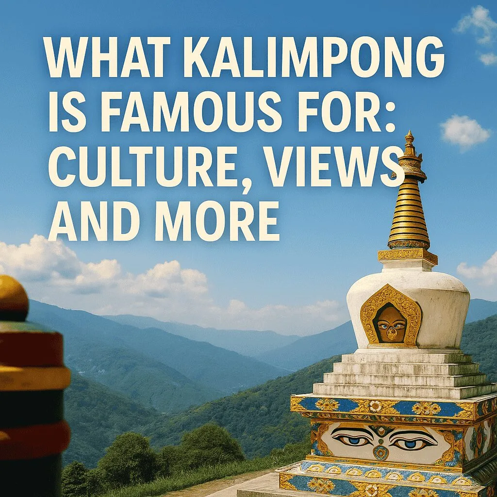 Montage of Kalimpong culture featuring monks, crafts, food, and Himalayan views