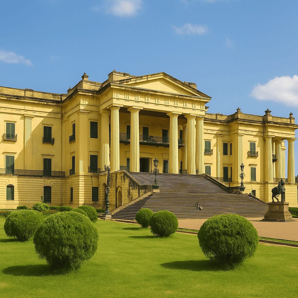 Hazarduari Palace front view with grand columns and manicured lawn in Murshidabad, West Bengal