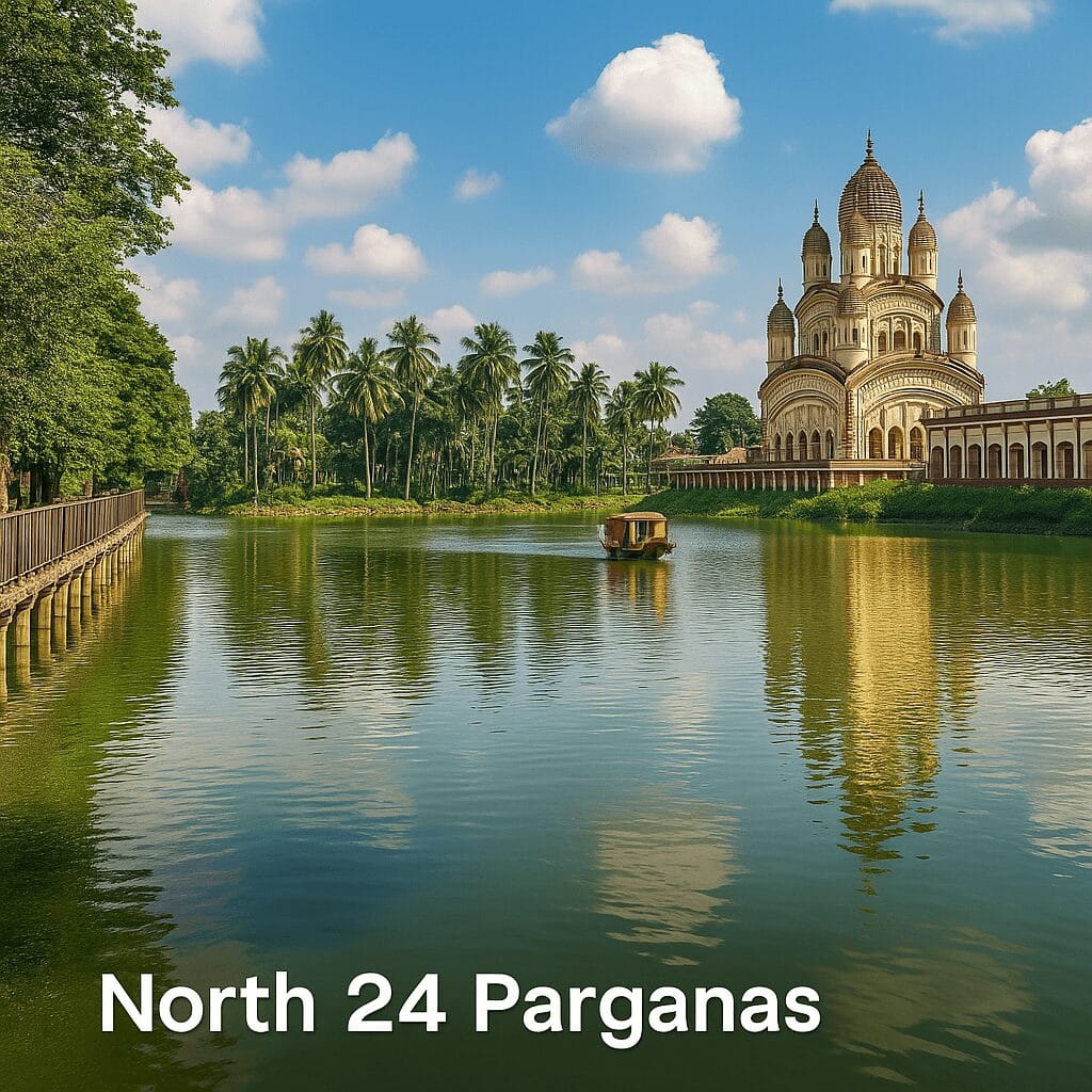 Calm lakeside landscape in North 24 Parganas surrounded by trees and natural scenery.