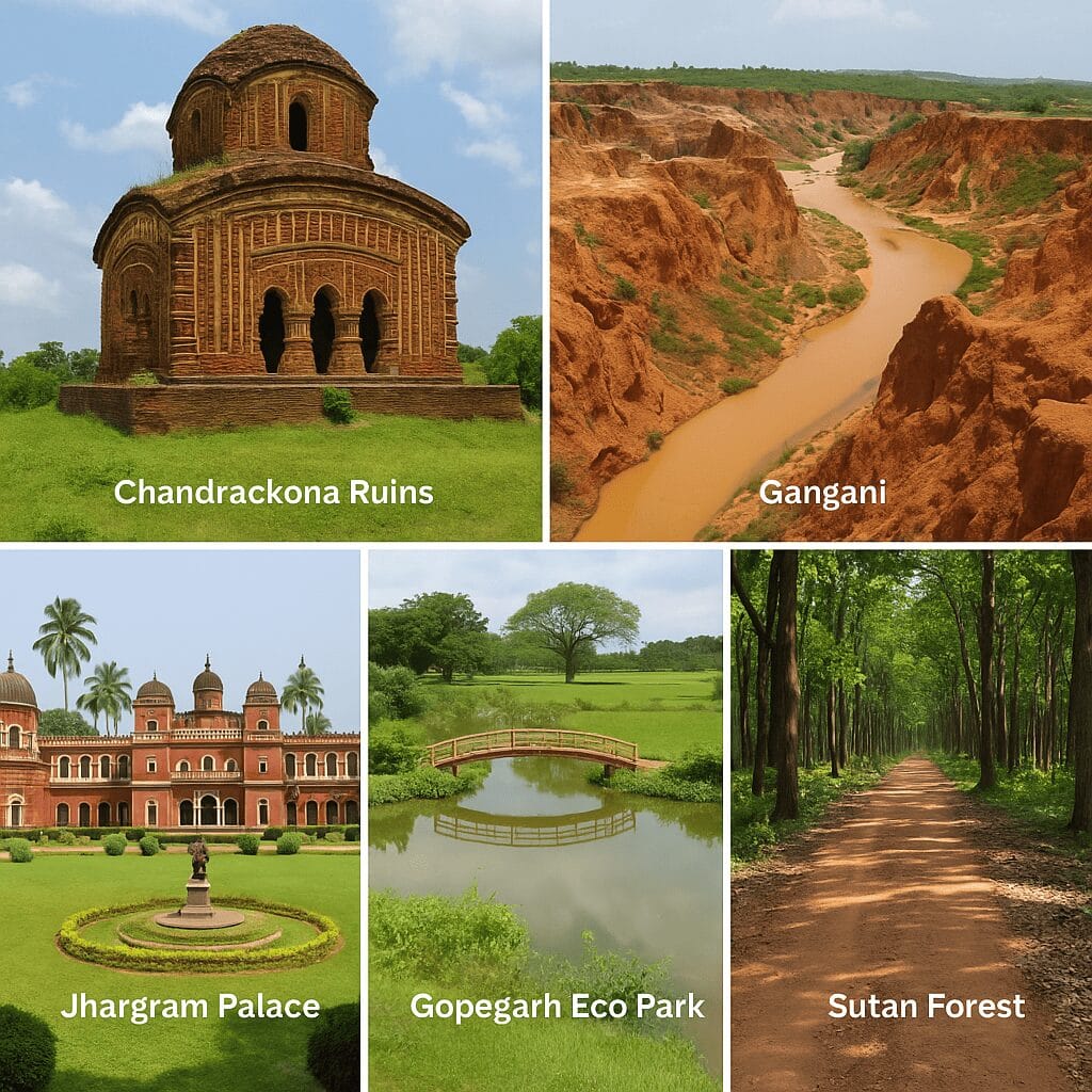 A collage of Paschim Medinipur tourist attractions including Chandrakona Ruins, Gangani Canyon, Jhargram Palace, Gopegarh Eco Park, and Sutan Forest, showcasing the cultural and natural beauty of West Bengal.